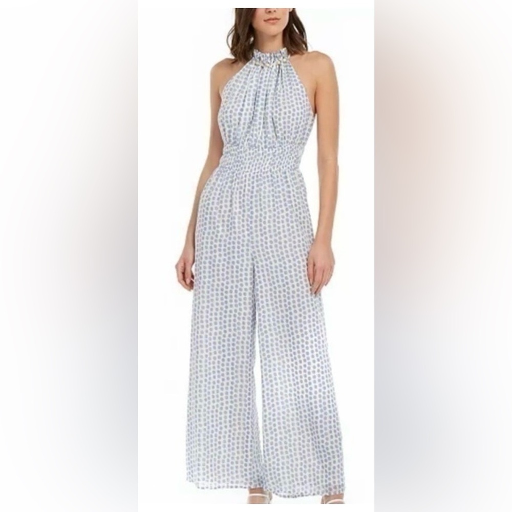 Moon River Anthropologie Light Blue Polka Dot Halter Style Jumpsuit Small